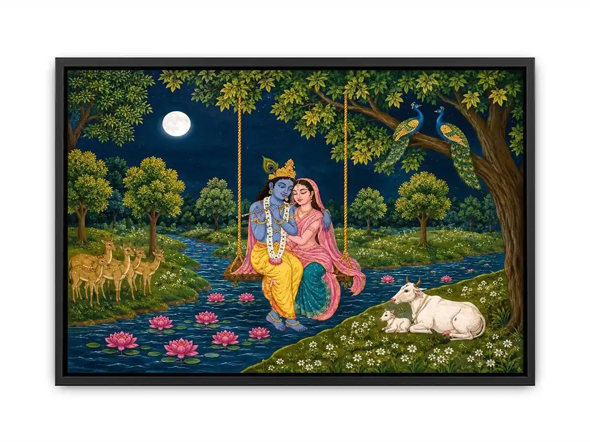   radha krishna moonlit swing devotional wall art