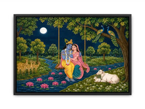   radha krishna moonlit swing devotional wall art