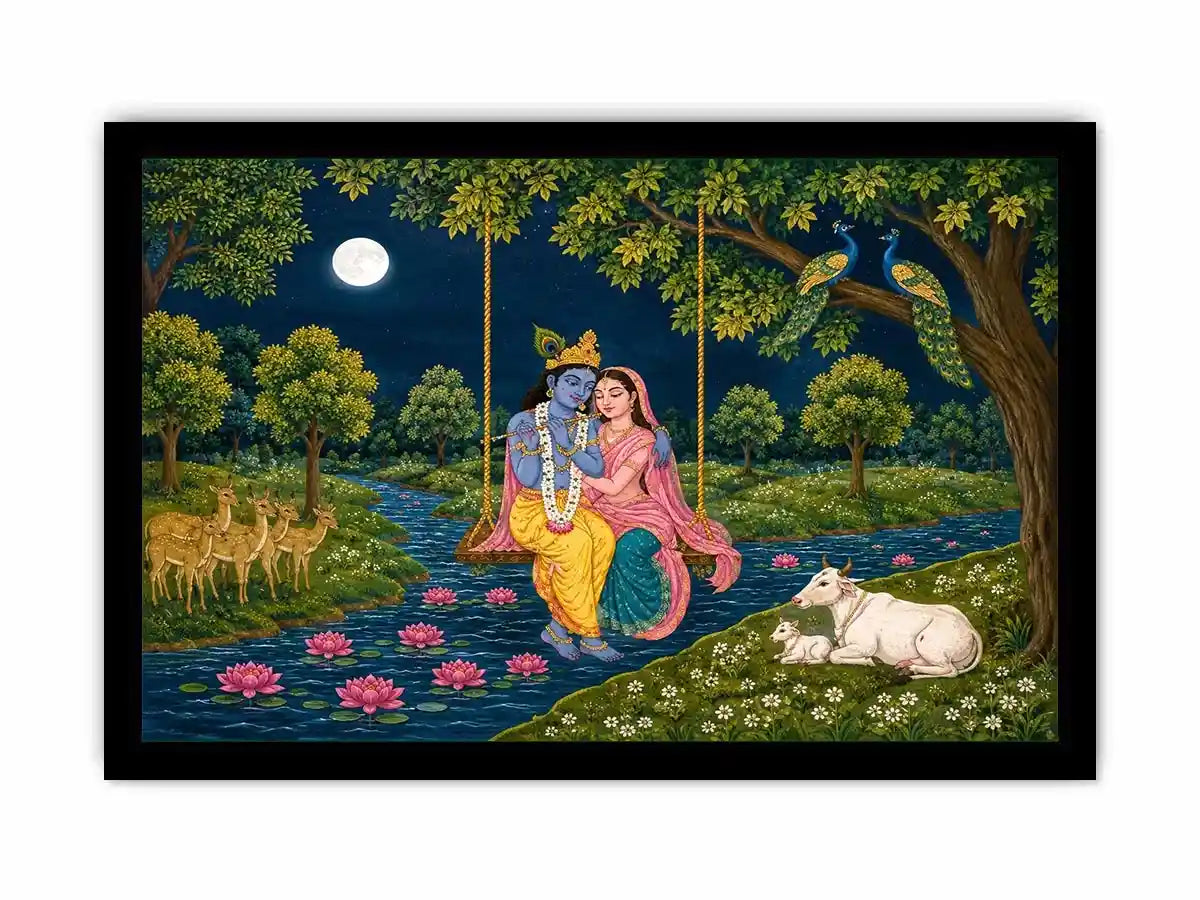   radha krishna moonlit swing devotional wall art