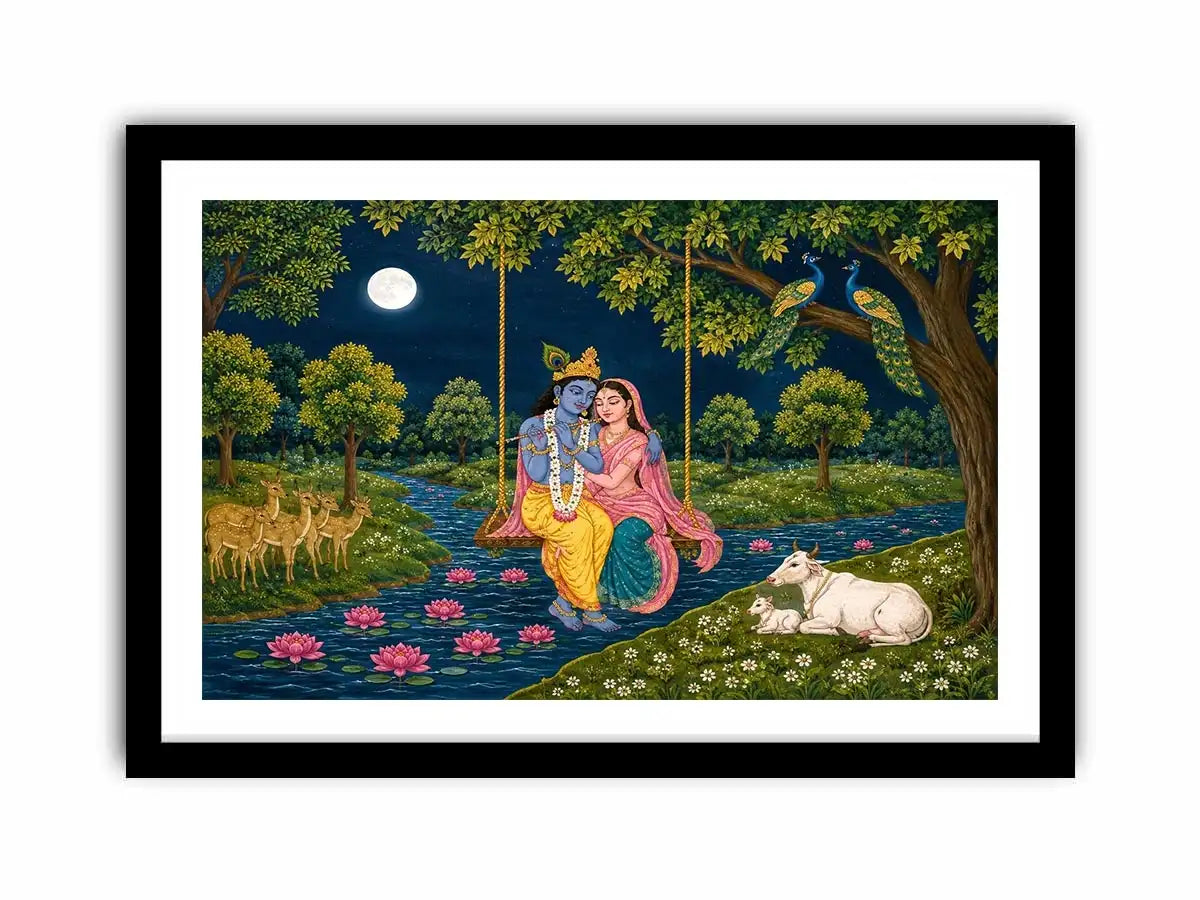   radha krishna moonlit swing devotional wall art