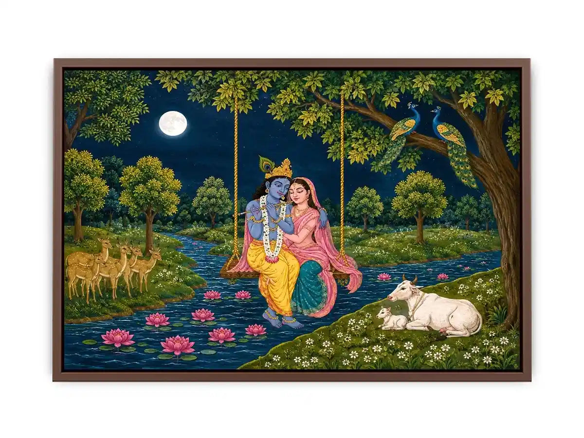   radha krishna moonlit swing devotional wall art