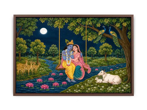   radha krishna moonlit swing devotional wall art