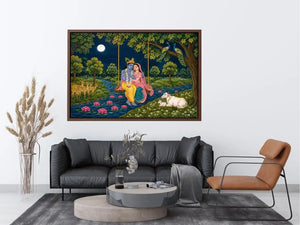   radha krishna moonlit swing devotional wall art
