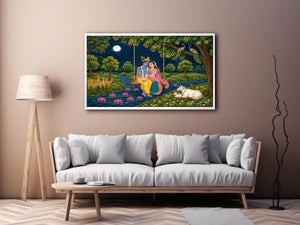   radha krishna moonlit swing devotional wall art
