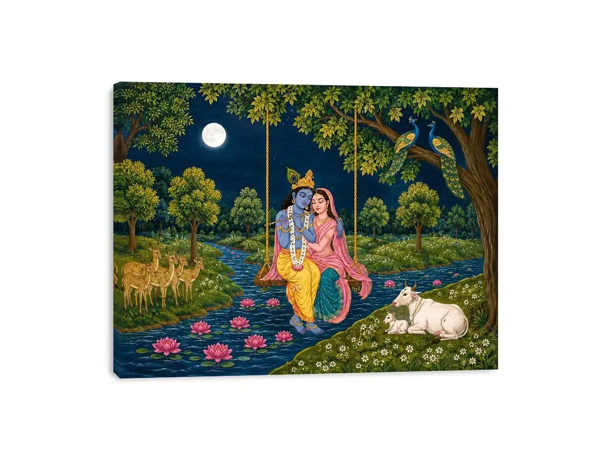   radha krishna moonlit swing devotional wall art