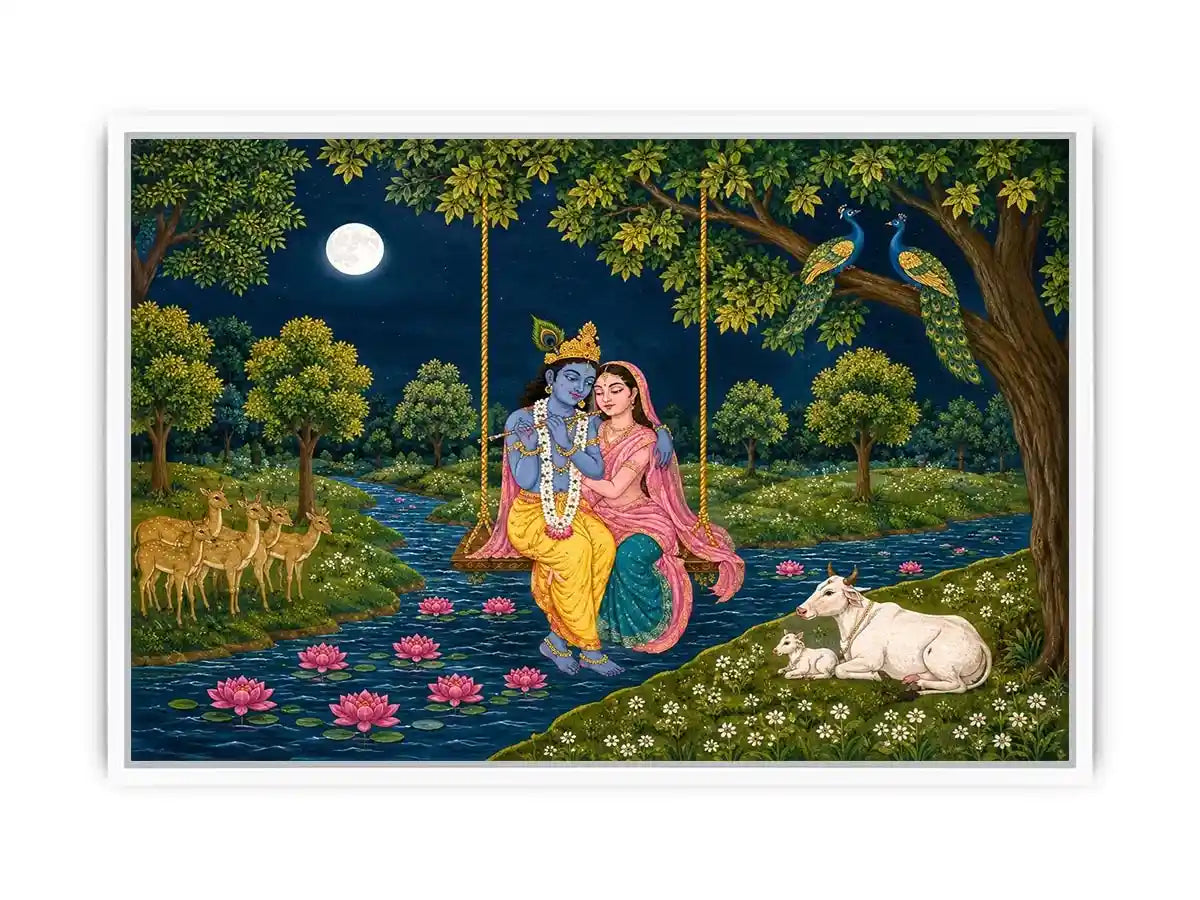   radha krishna moonlit swing devotional wall art