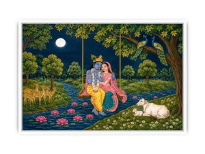   radha krishna moonlit swing devotional wall art