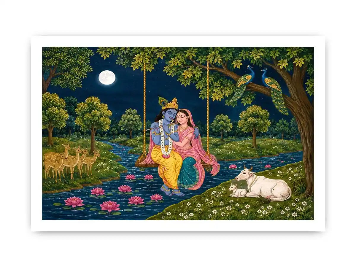   radha krishna moonlit swing devotional wall art