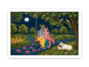   radha krishna moonlit swing devotional wall art