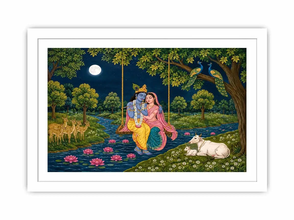   radha krishna moonlit swing devotional wall art