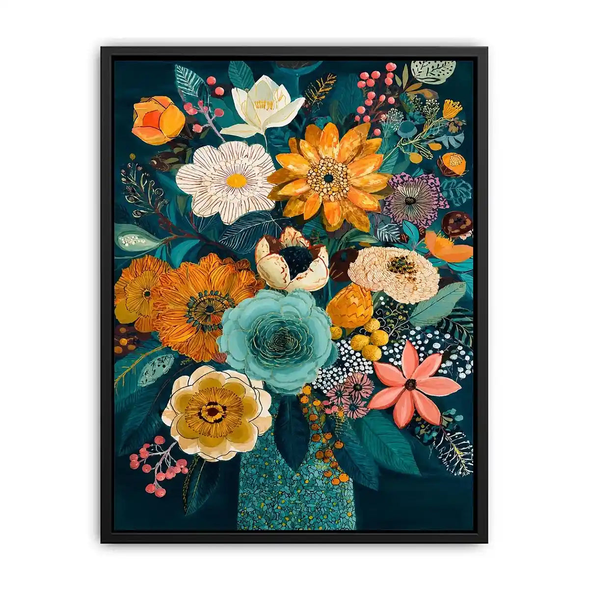   teal botanical flower bouquet modern floral wall art