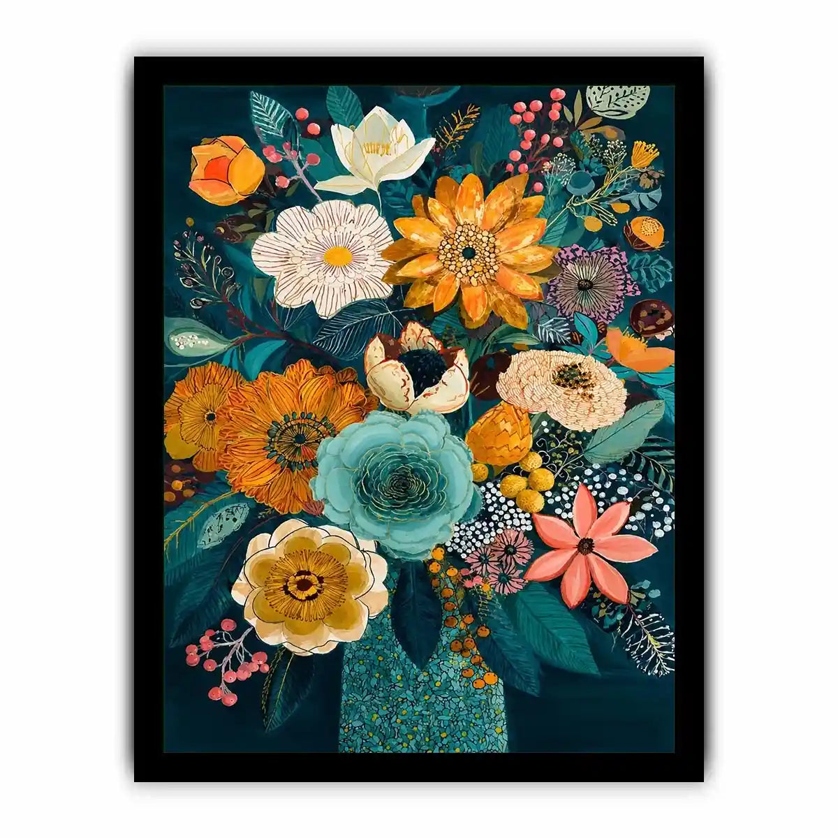   teal botanical flower bouquet modern floral wall art