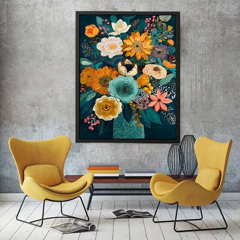   teal botanical flower bouquet modern floral wall art