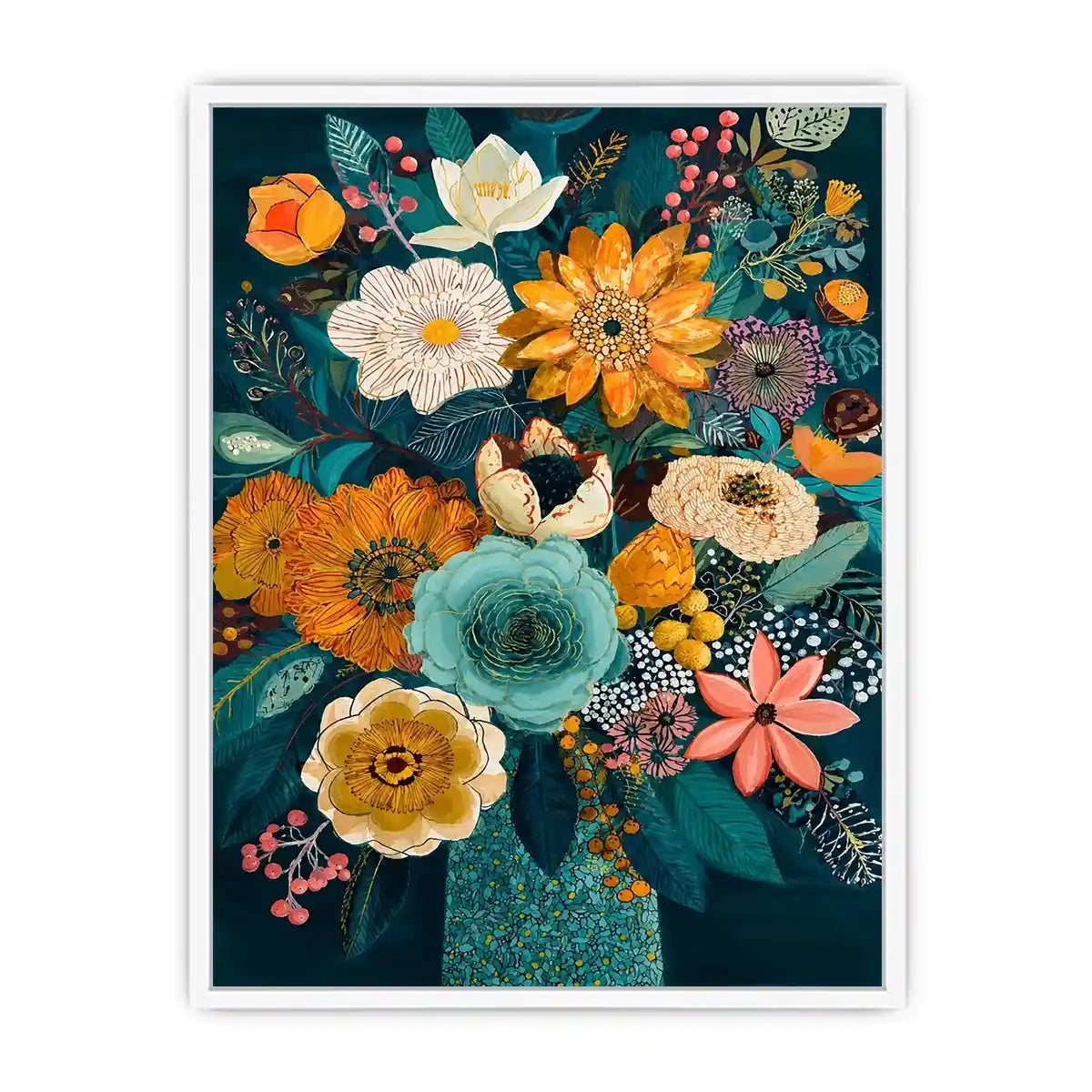   teal botanical flower bouquet modern floral wall art