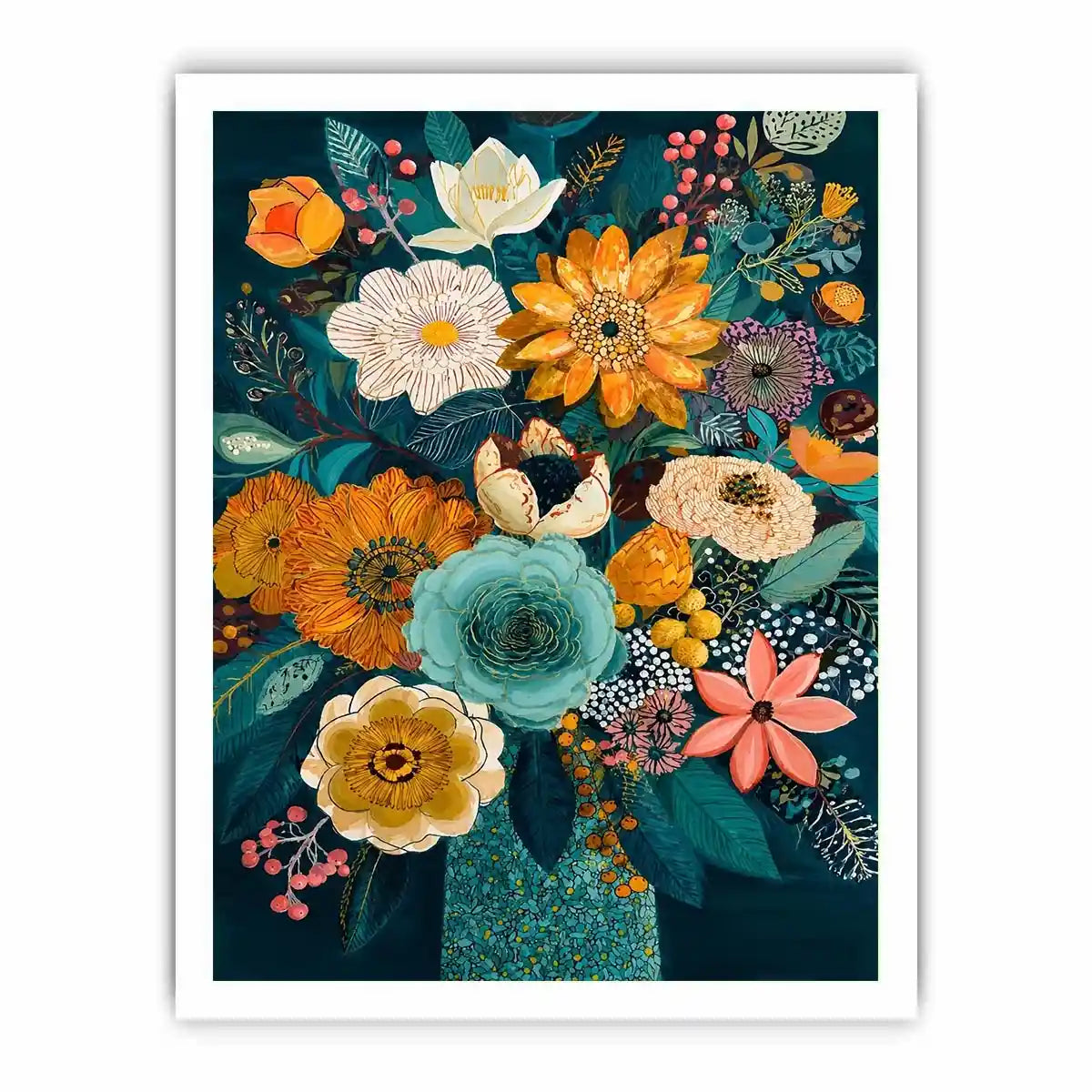   teal botanical flower bouquet modern floral wall art