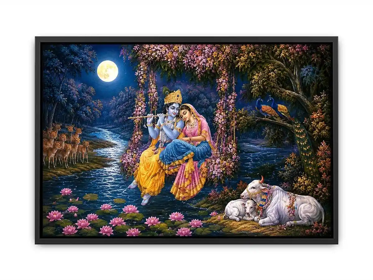   radha krishna moonlight vrindavan devotional art