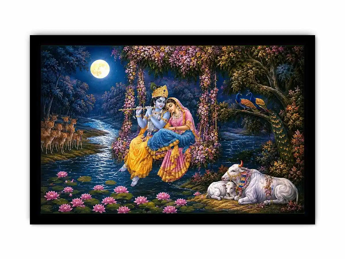  radha krishna moonlight vrindavan devotional art