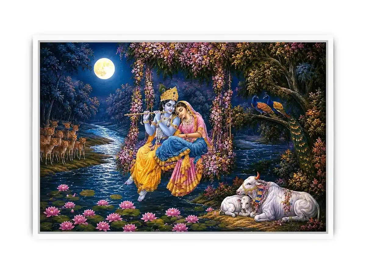   radha krishna moonlight vrindavan devotional art