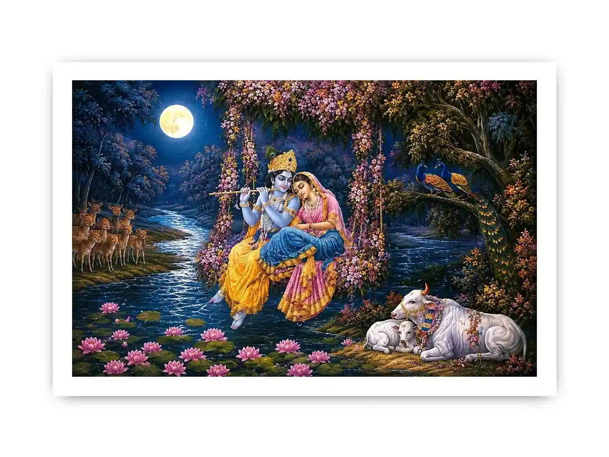   radha krishna moonlight vrindavan devotional art