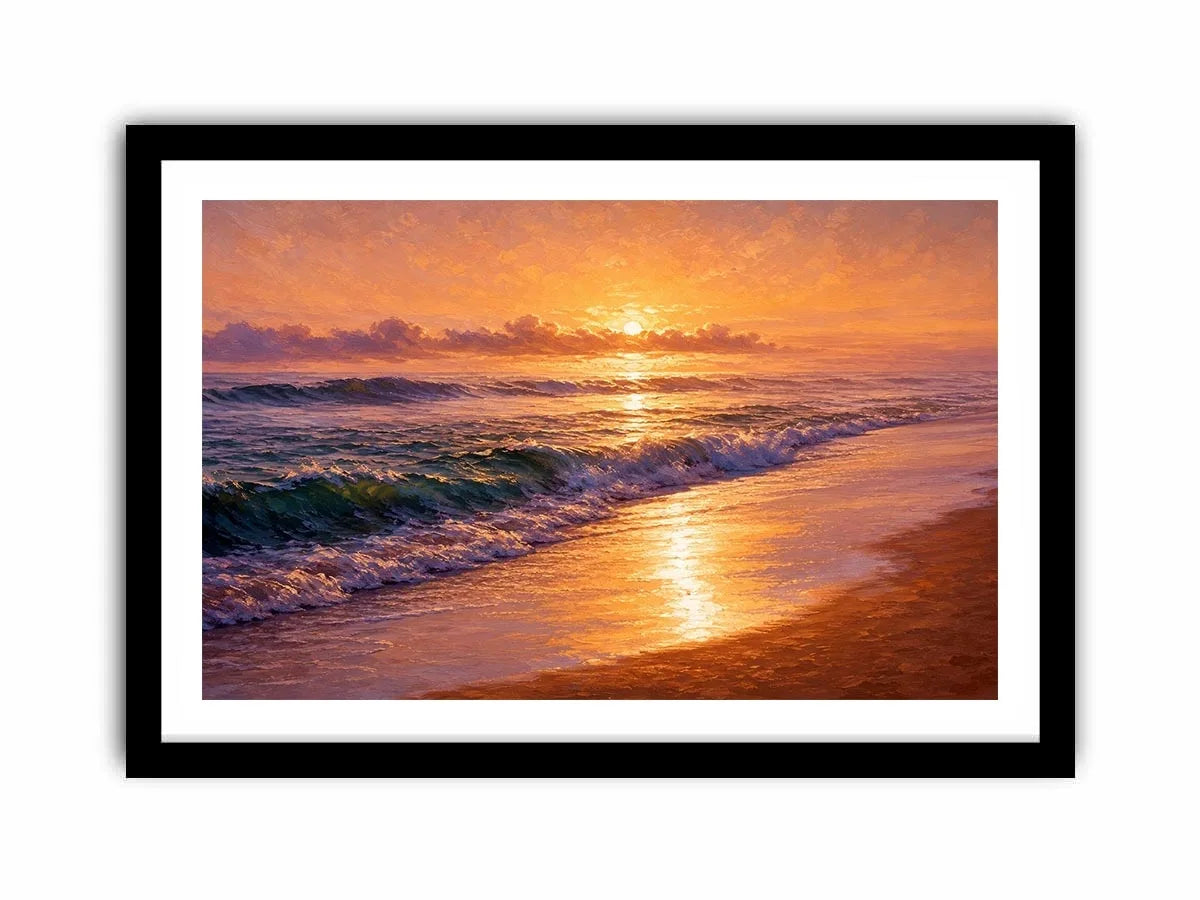   golden sunset ocean waves coastal beach wall art