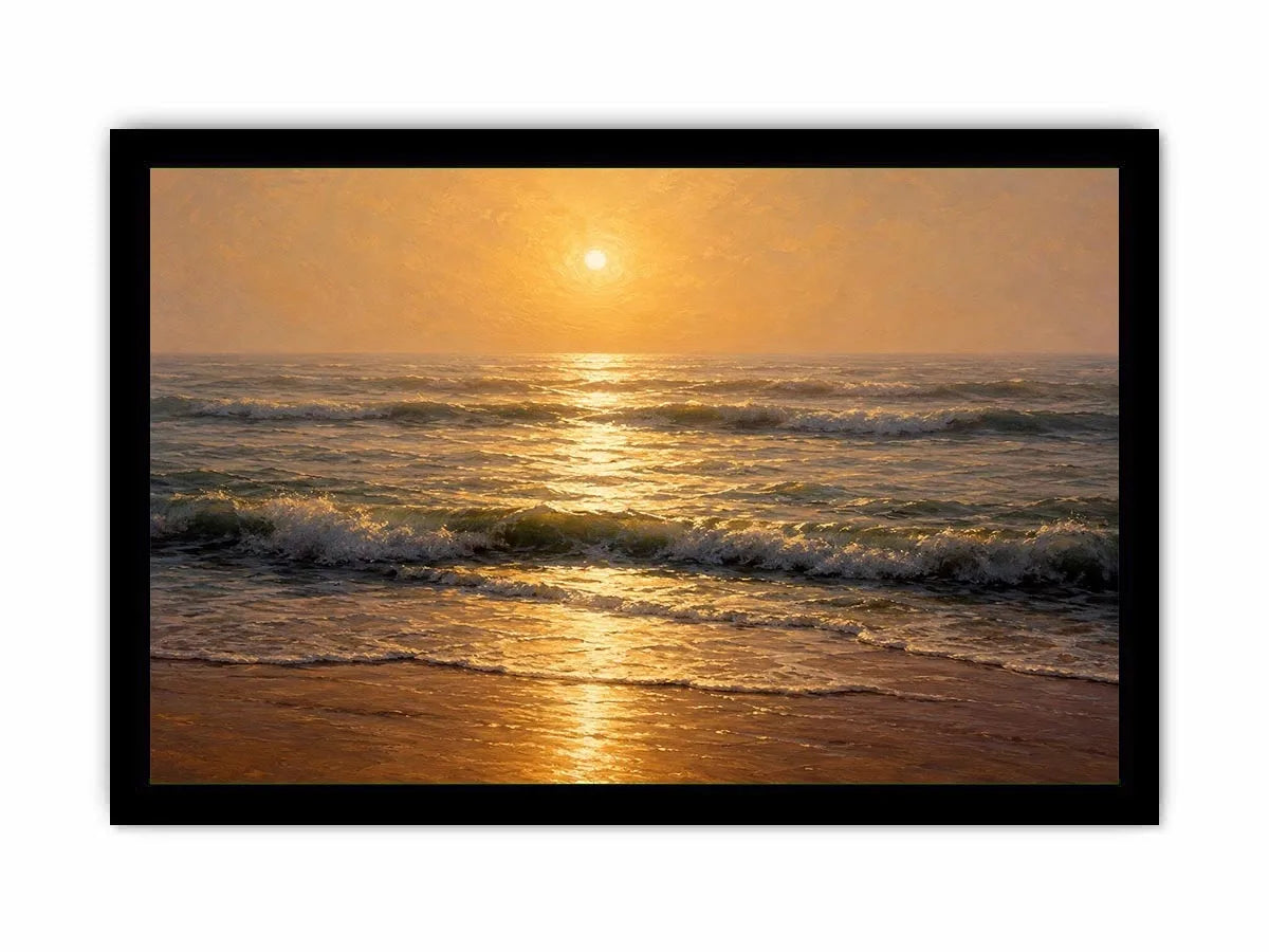   soft golden sunrise ocean serene coastal wall art