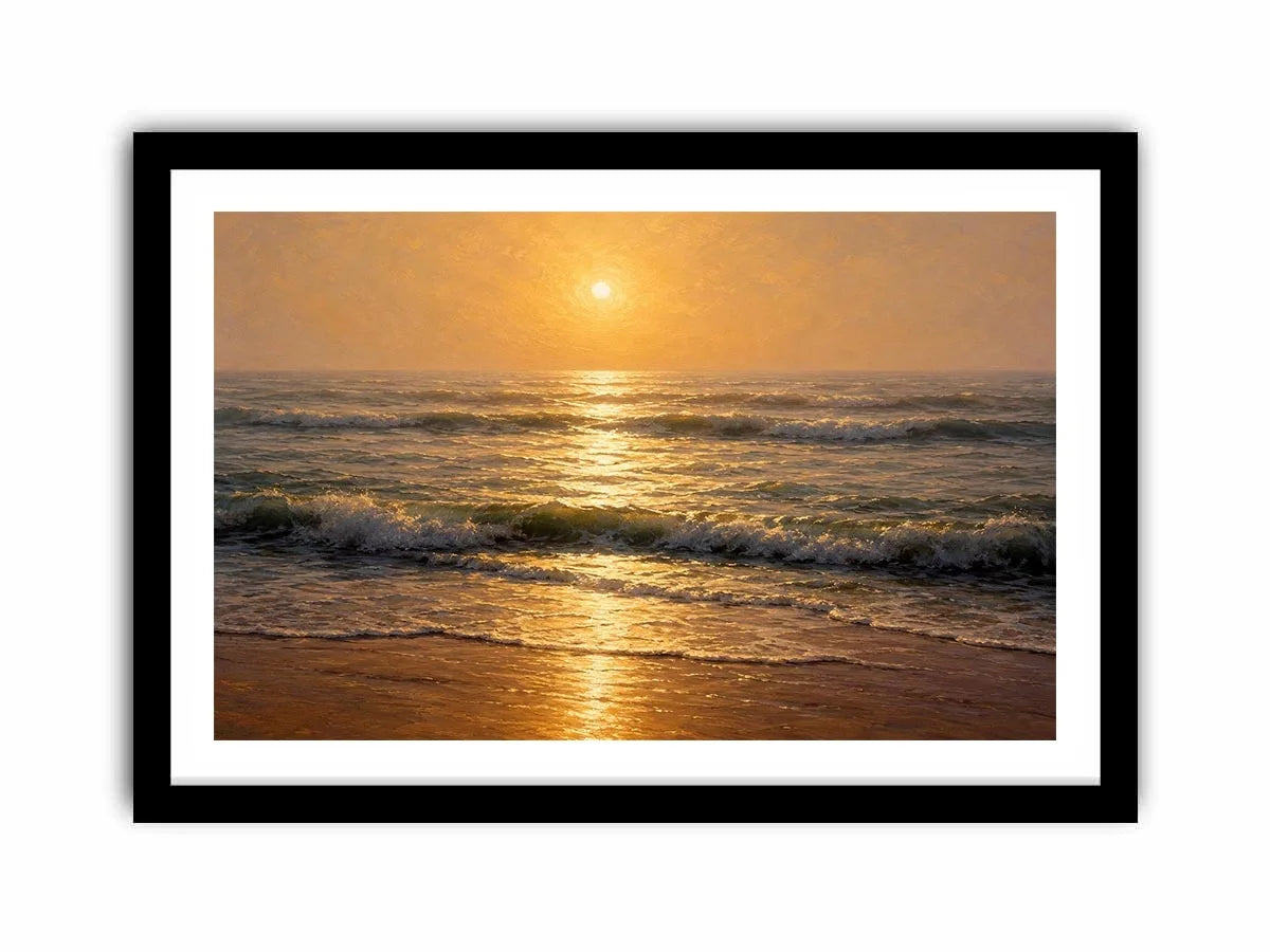   soft golden sunrise ocean serene coastal wall art