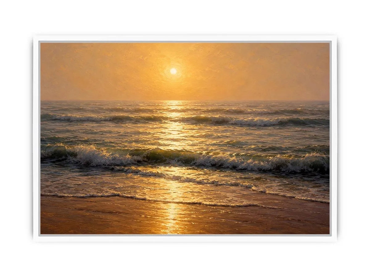   soft golden sunrise ocean serene coastal wall art