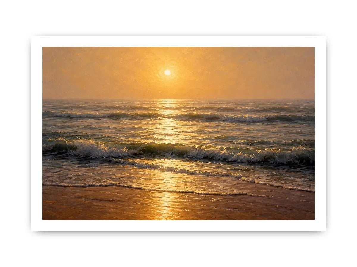   soft golden sunrise ocean serene coastal wall art