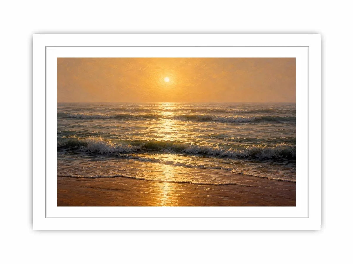   soft golden sunrise ocean serene coastal wall art
