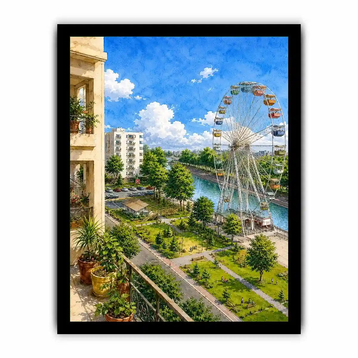   riverside city watercolor canvas
