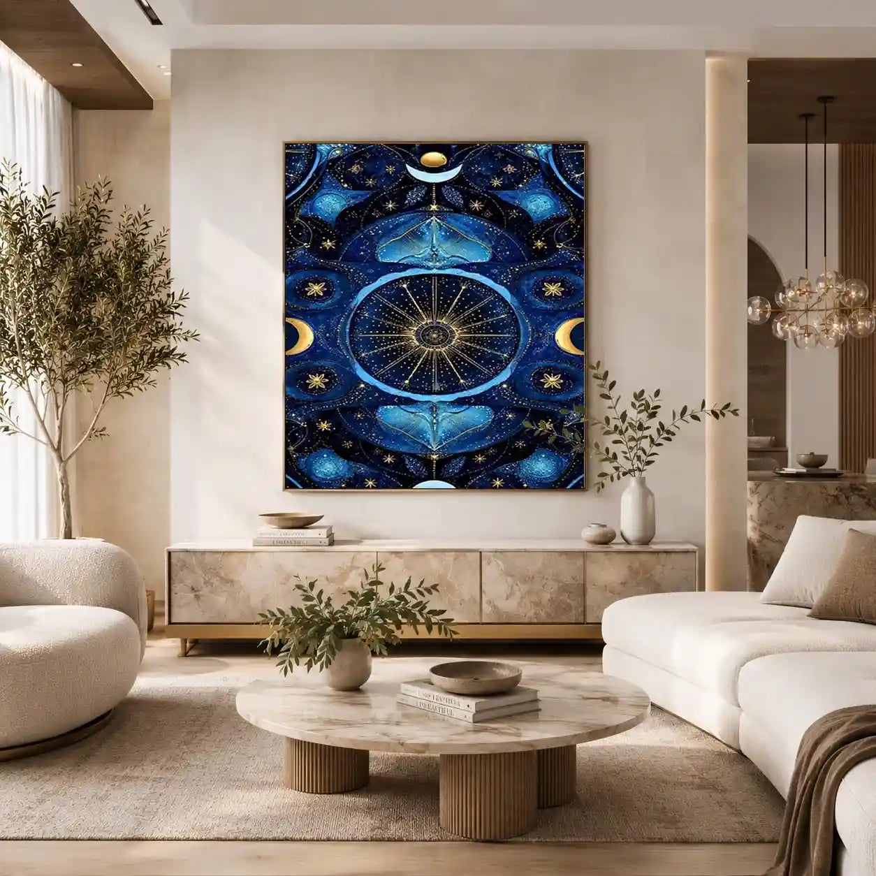   blue gold celestial mandala wall art