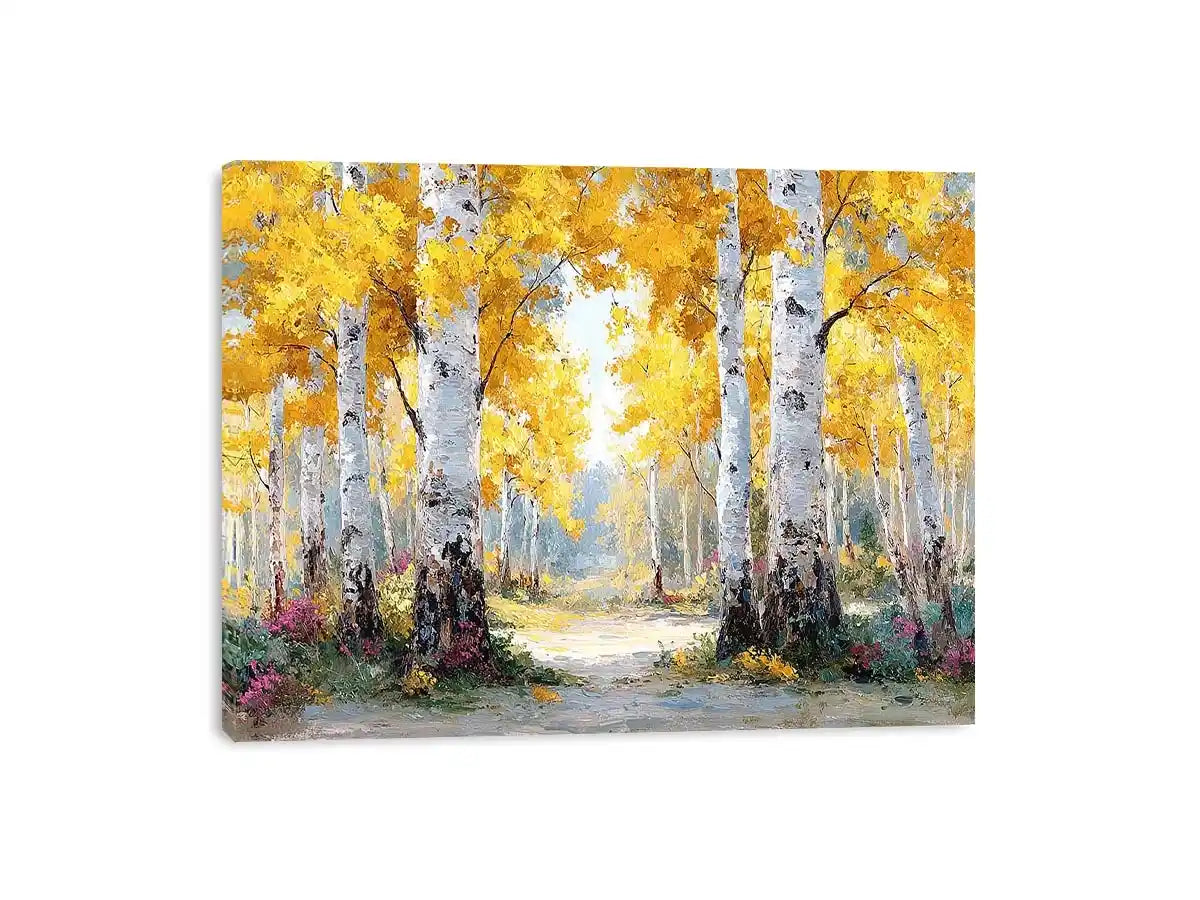 Golden birch forest landscape canvas art for modern living room decor.