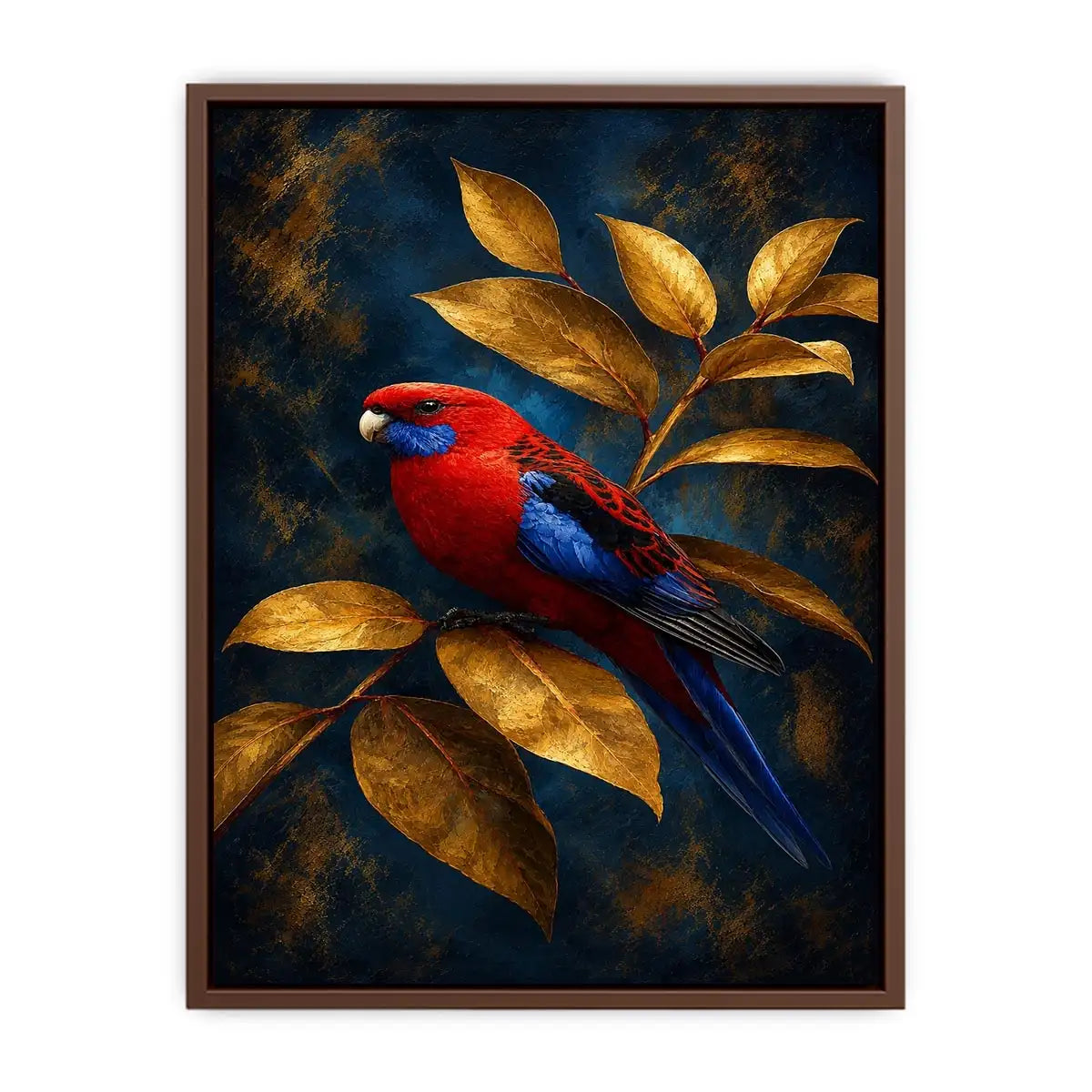   crimson bird golden leaves canvas print