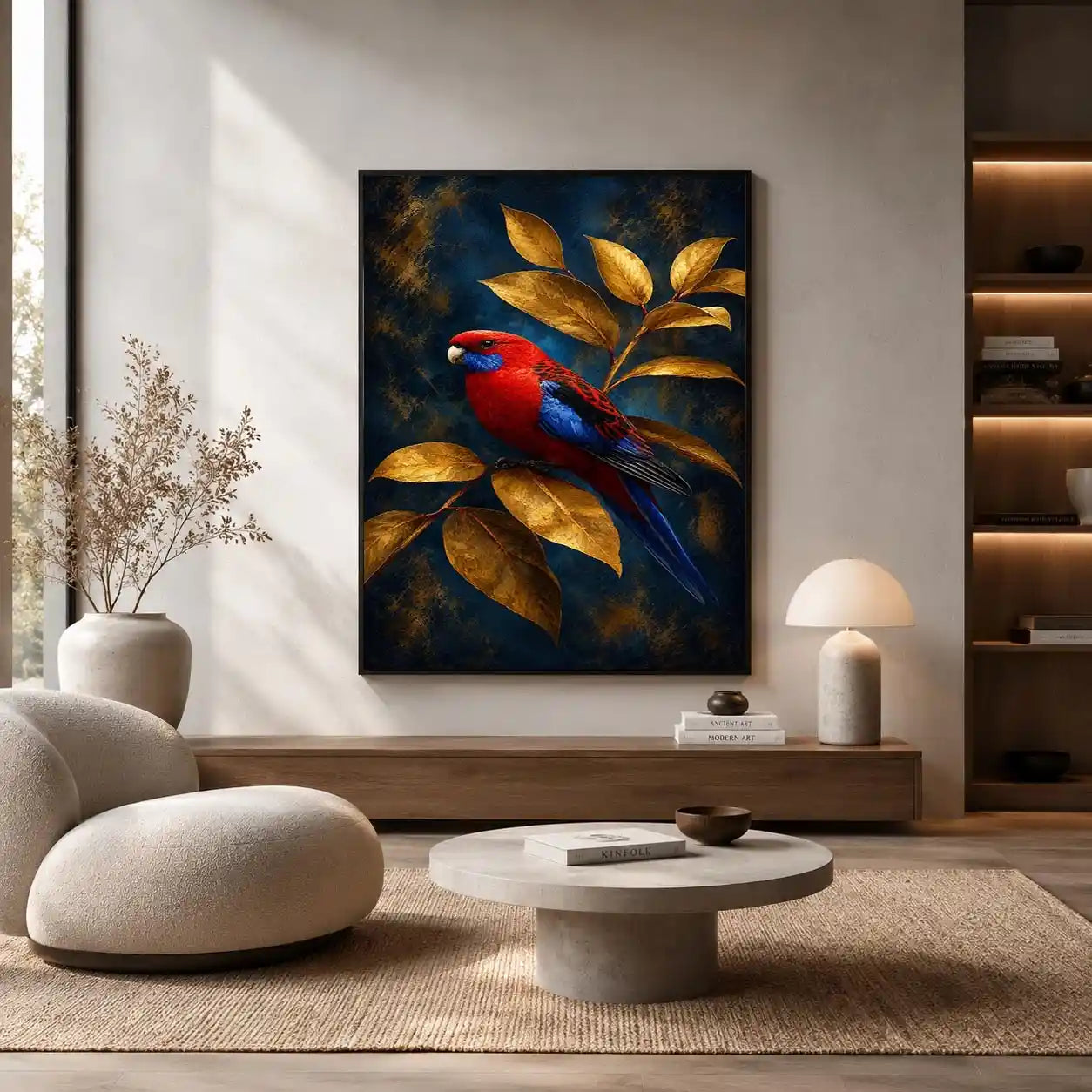   crimson bird golden leaves canvas print