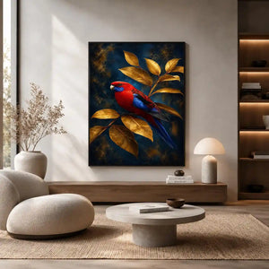   crimson bird golden leaves canvas print