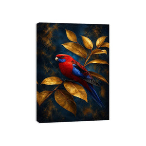   crimson bird golden leaves canvas print