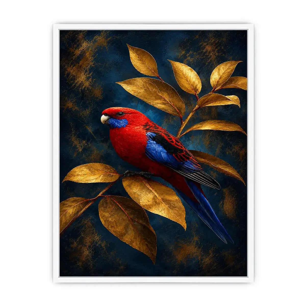   crimson bird golden leaves canvas print