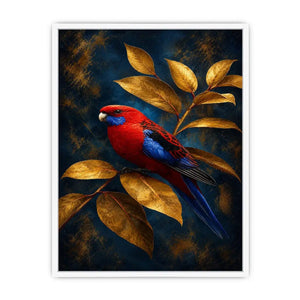   crimson bird golden leaves canvas print