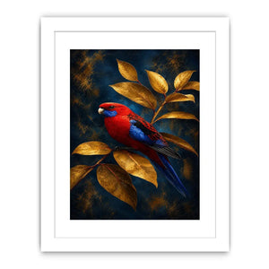   crimson bird golden leaves canvas print