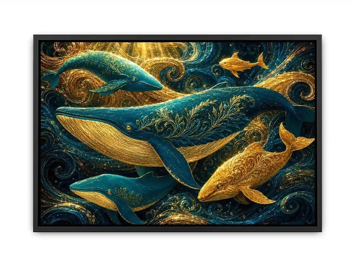   teal gold whale canvas coastal room