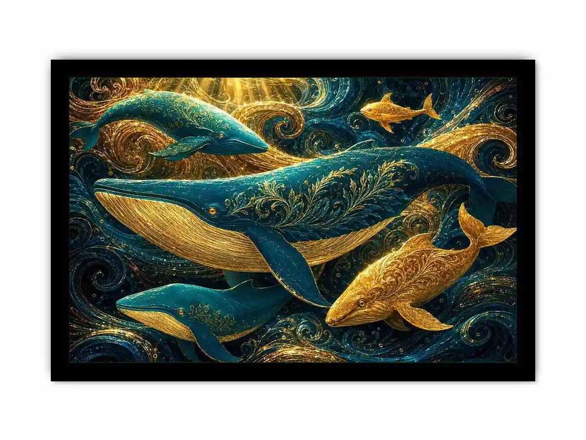   teal gold whale canvas coastal room
