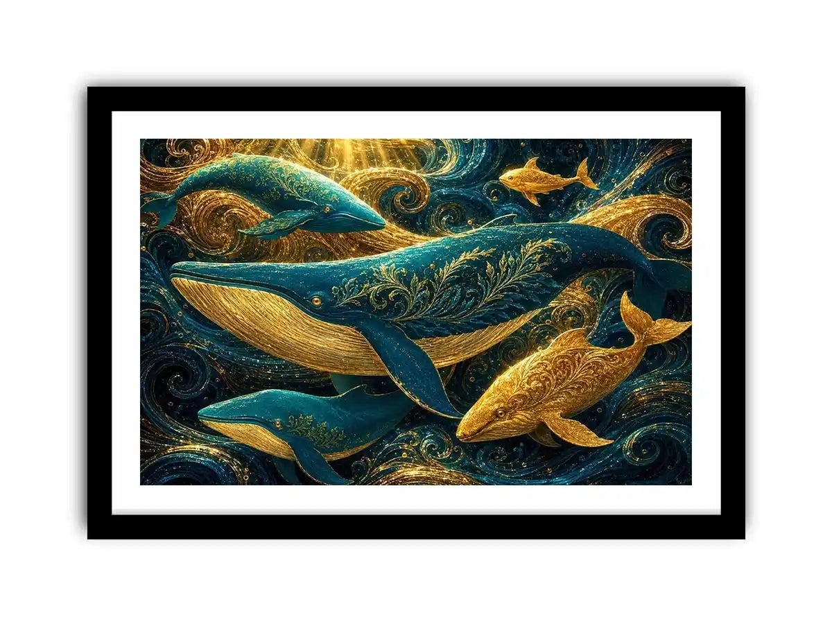   teal gold whale canvas coastal room