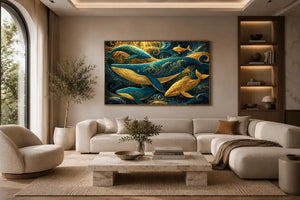   teal gold whale canvas coastal room