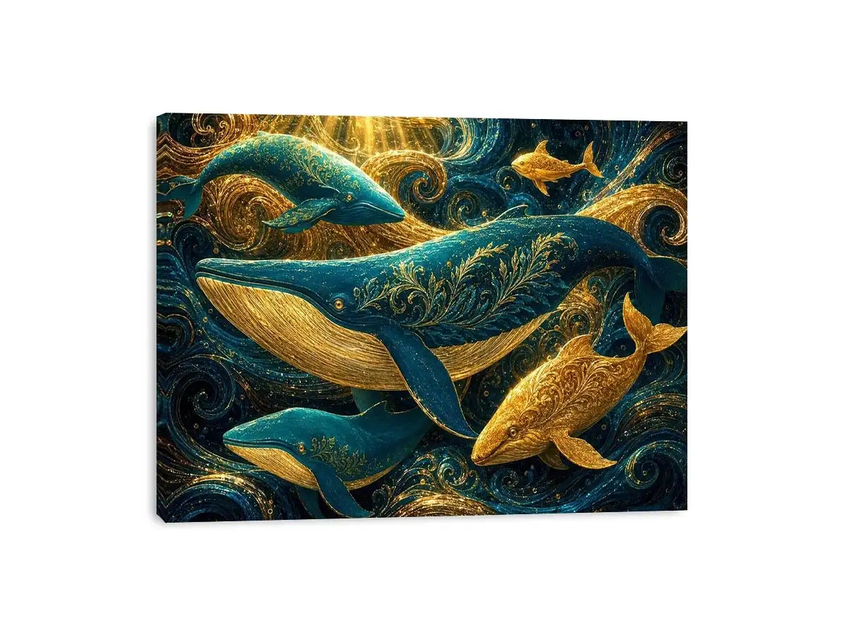   teal gold whale canvas coastal room
