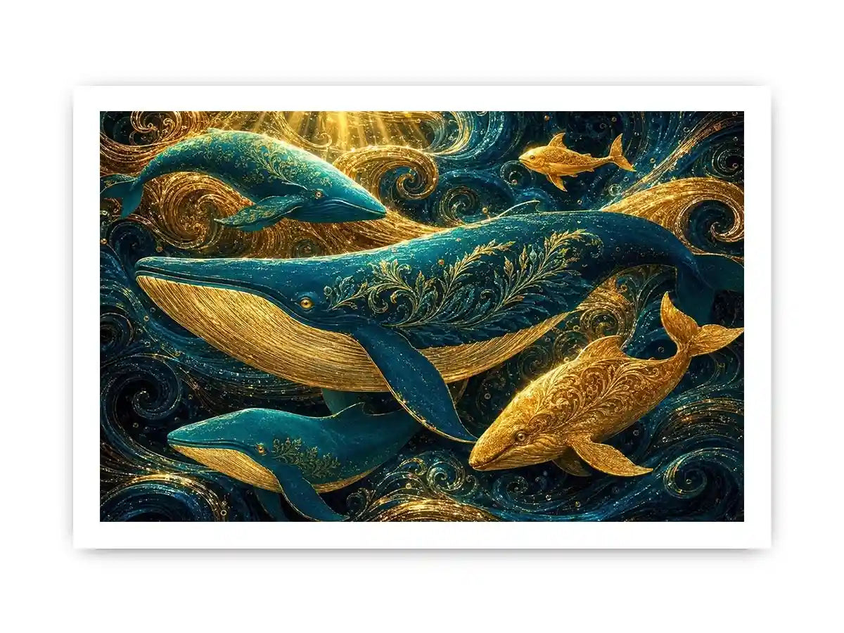   teal gold whale canvas coastal room