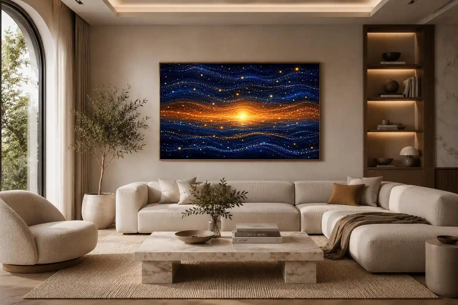   blue gold abstract horizon wall art