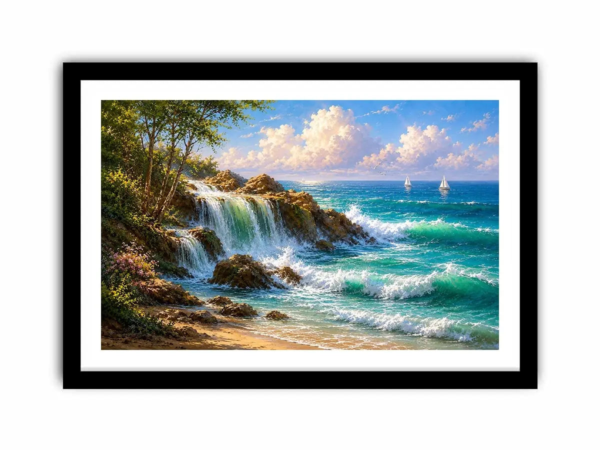   coastal waterfall beach house canvas art