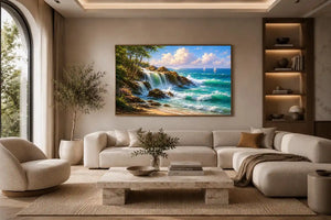   coastal waterfall beach house canvas art