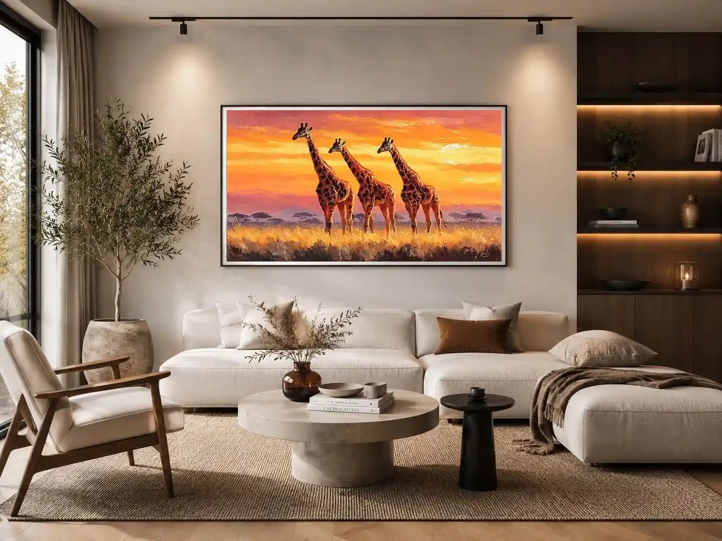 giraffe sunset savanna canvas