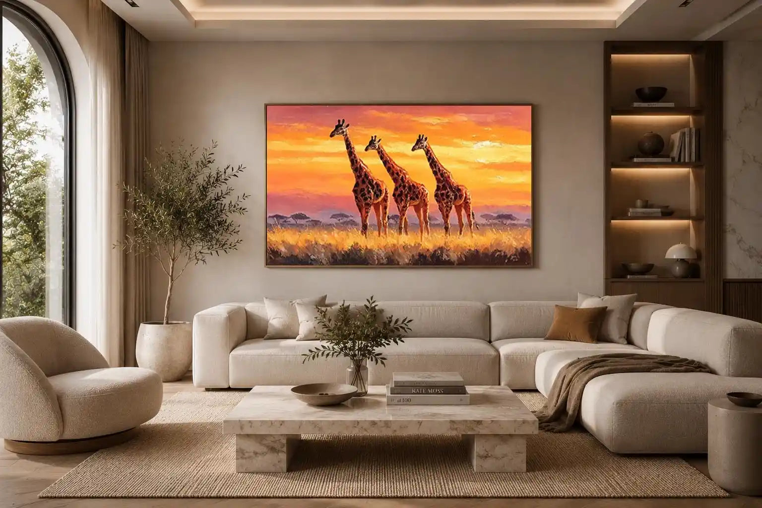 giraffe sunset savanna canvas